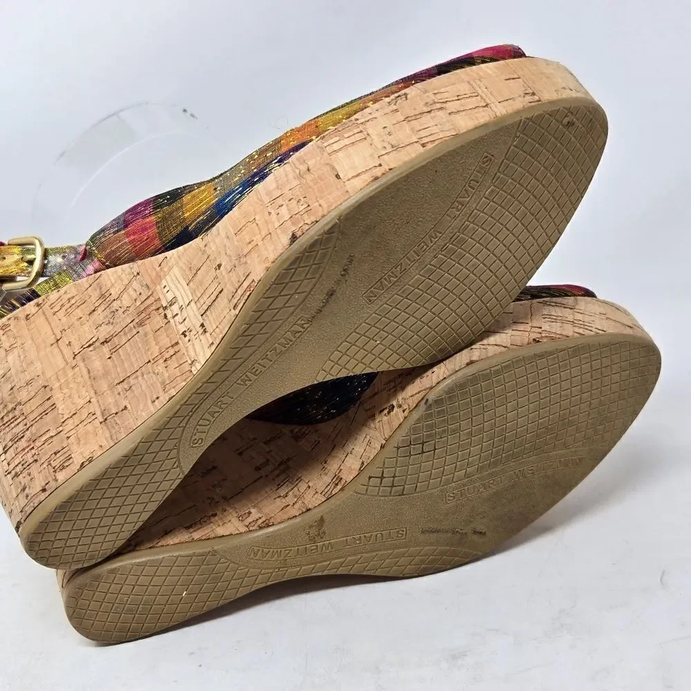 STUART WEITZMAN Jean Winsel‎ Tinsel Metallic Plaid Cork Wedge 9N